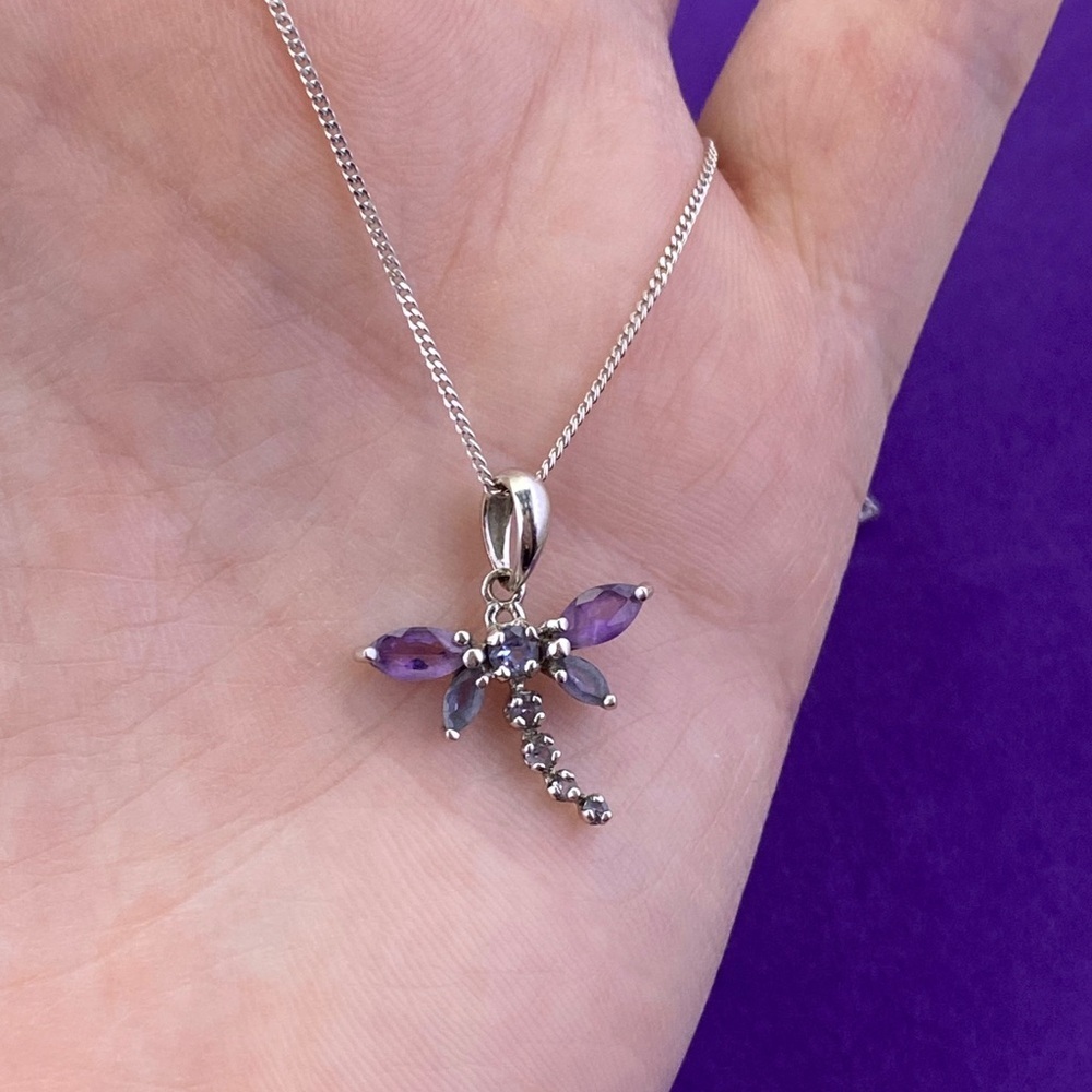 ๐ 9k White Gold Dragonfly Pendant Necklace with Amethyst & Tanzanite Gemstones